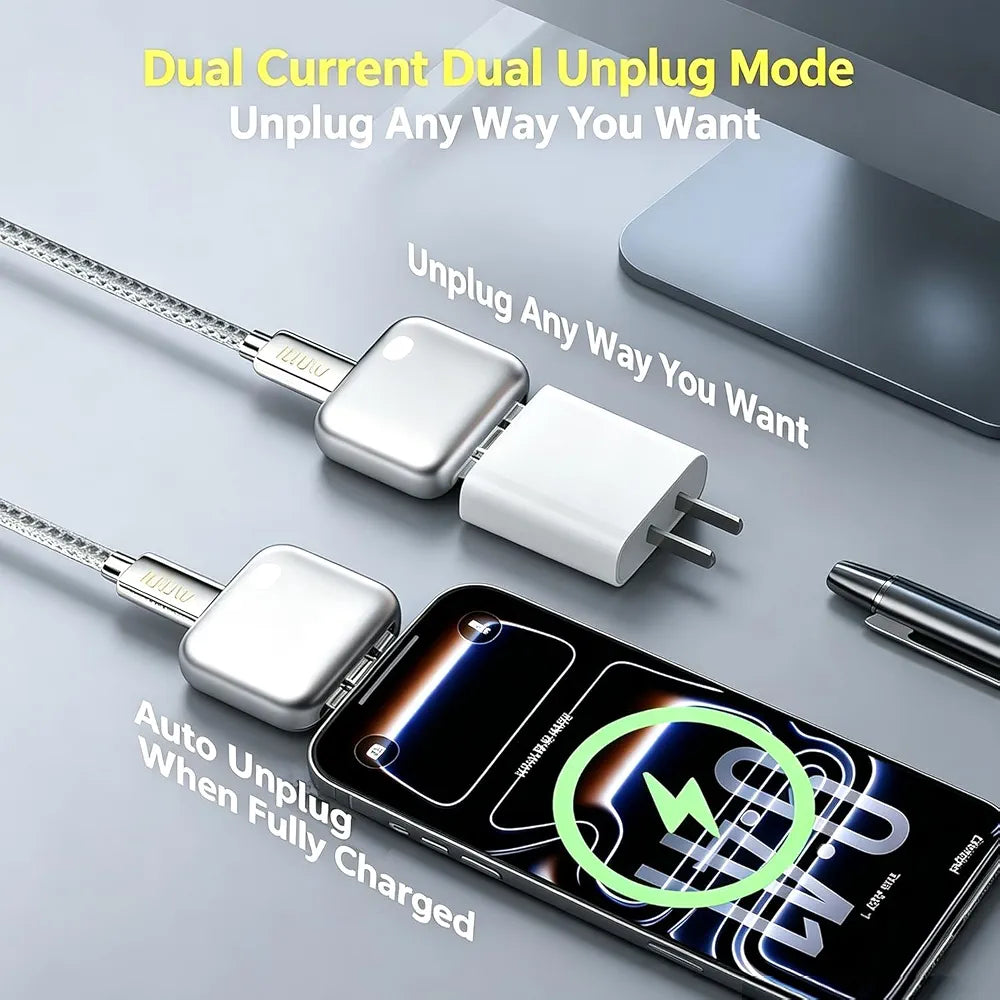 Smart Auto Disconnect Charger with USB-C Cable, 140W Auto Shut Off Phone Charger, PD3.1 Passthrough, Dual-Mode, Full Charge Disconnector for Phones, Laptops and Tablets and More
