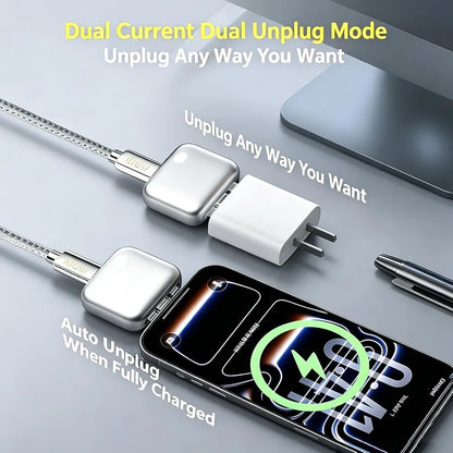 Smart Auto Disconnect Charger with USB-C Cable, 140W Auto Shut Off Phone Charger, PD3.1 Passthrough, Dual-Mode, Full Charge Disconnector for Phones, Laptops and Tablets and More