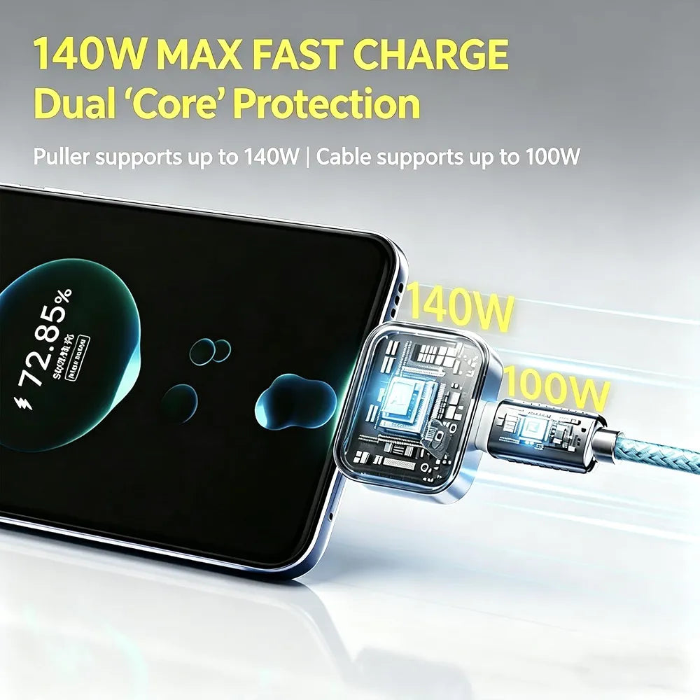 Smart Auto Disconnect Charger with USB-C Cable, 140W Auto Shut Off Phone Charger, PD3.1 Passthrough, Dual-Mode, Full Charge Disconnector for Phones, Laptops and Tablets and More
